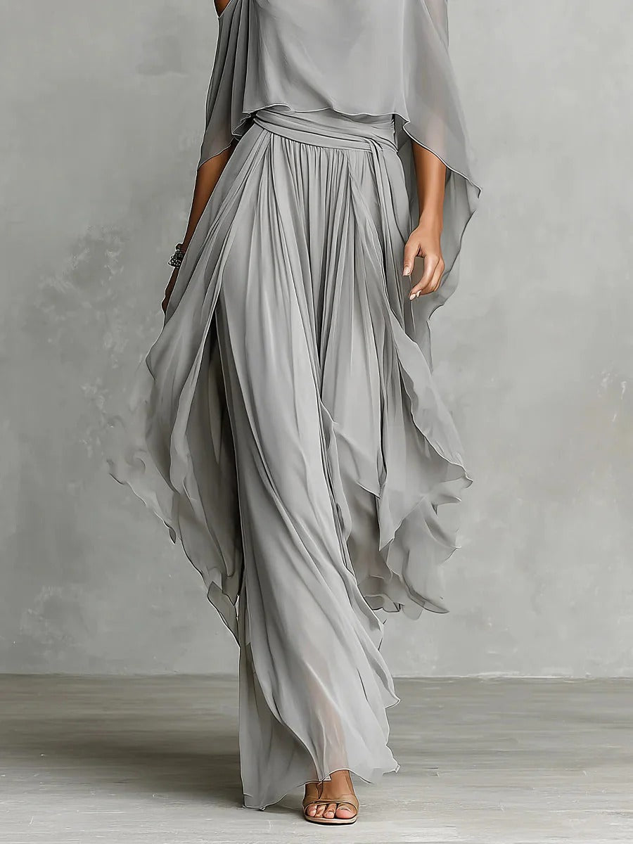 Renata | Completo fluido grigio con top con spalline e pantaloni leggeri