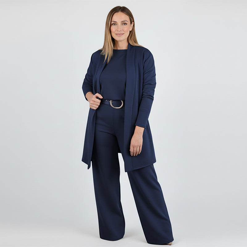 Iris | Elegante completo 3 pezzi composto da un cardigan lungo, un top e un paio di pantaloni