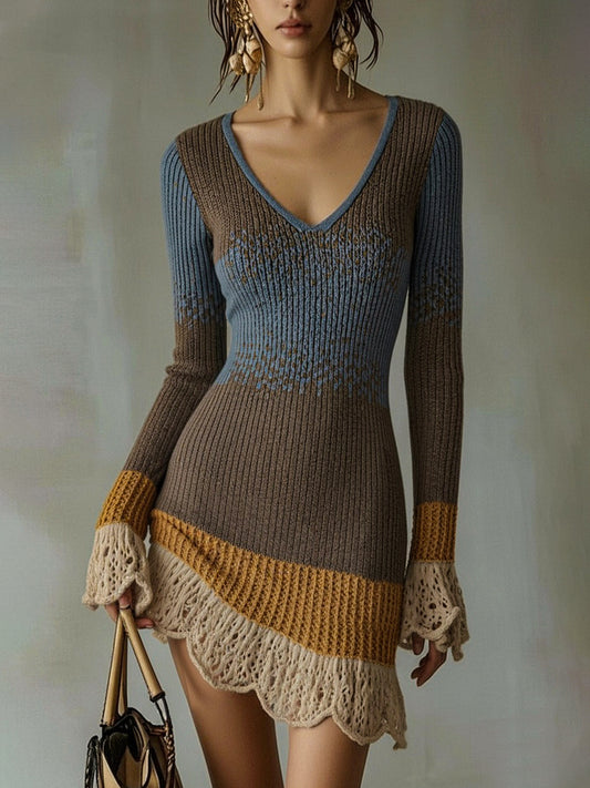 Mia | Mini abito in maglia multicolore con bordo a volant in pizzo