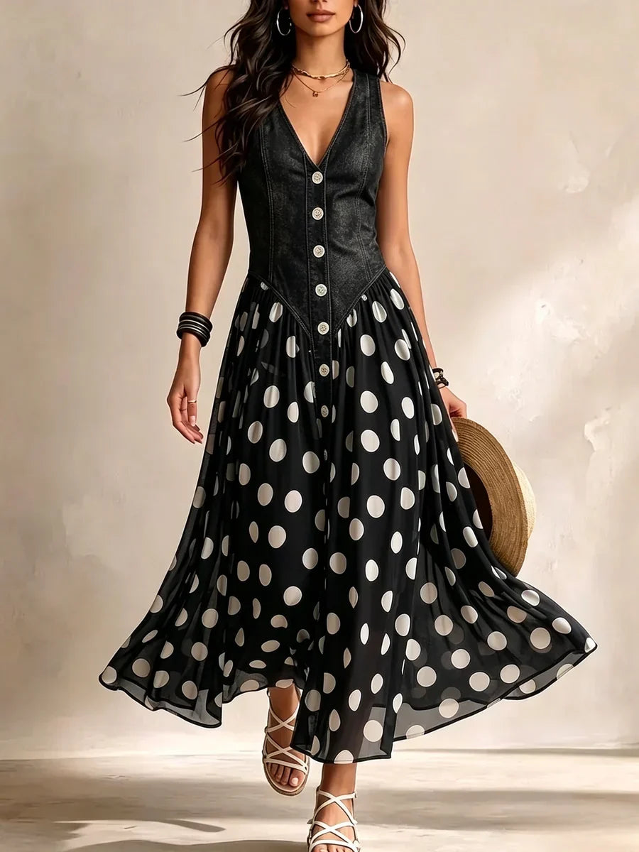 Adeline | Abito lungo in denim a pois