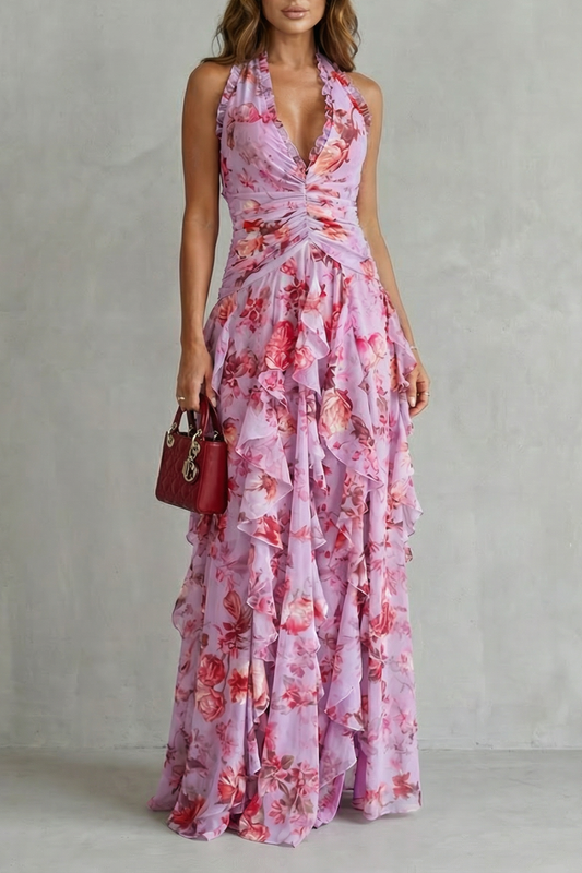 Belladina | Romantica cascata di rose, abito lungo con scollo all’americana