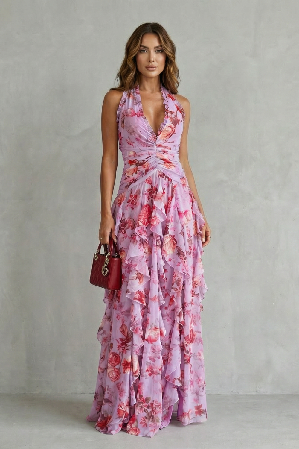 Belladina | Romantica cascata di rose, abito lungo con scollo all’americana