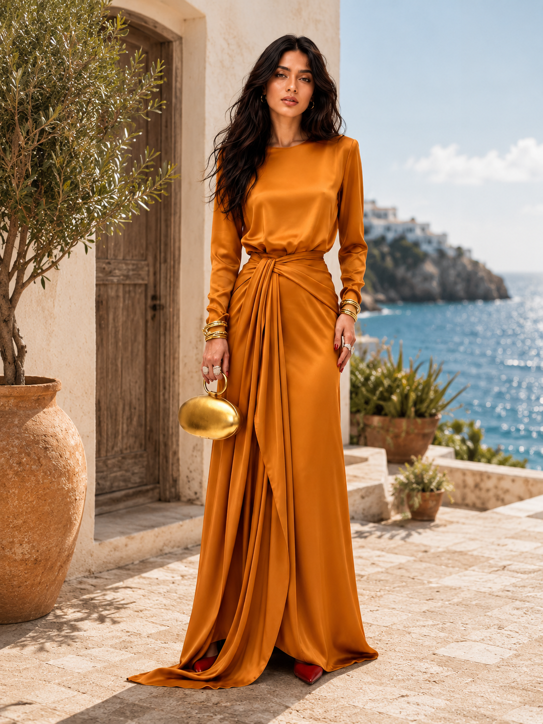Elegante abito maxi in raso drappeggiato