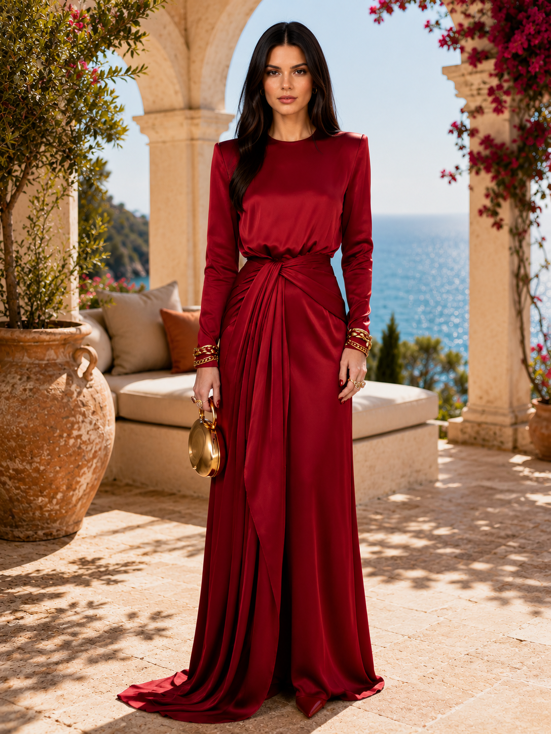Elegante abito maxi in raso drappeggiato