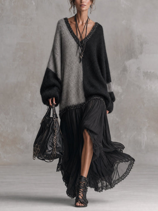 Capucine | Abito lungo oversize in maglia, effetto patchwork in mousseline nera e grigia