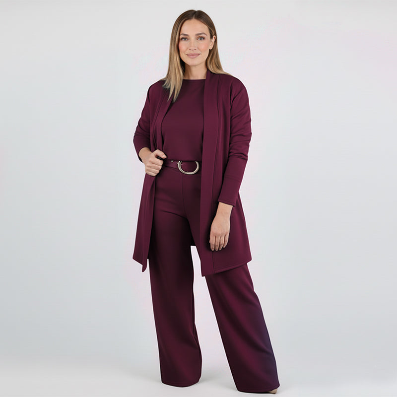 Iris | Elegante completo 3 pezzi composto da un cardigan lungo, un top e un paio di pantaloni