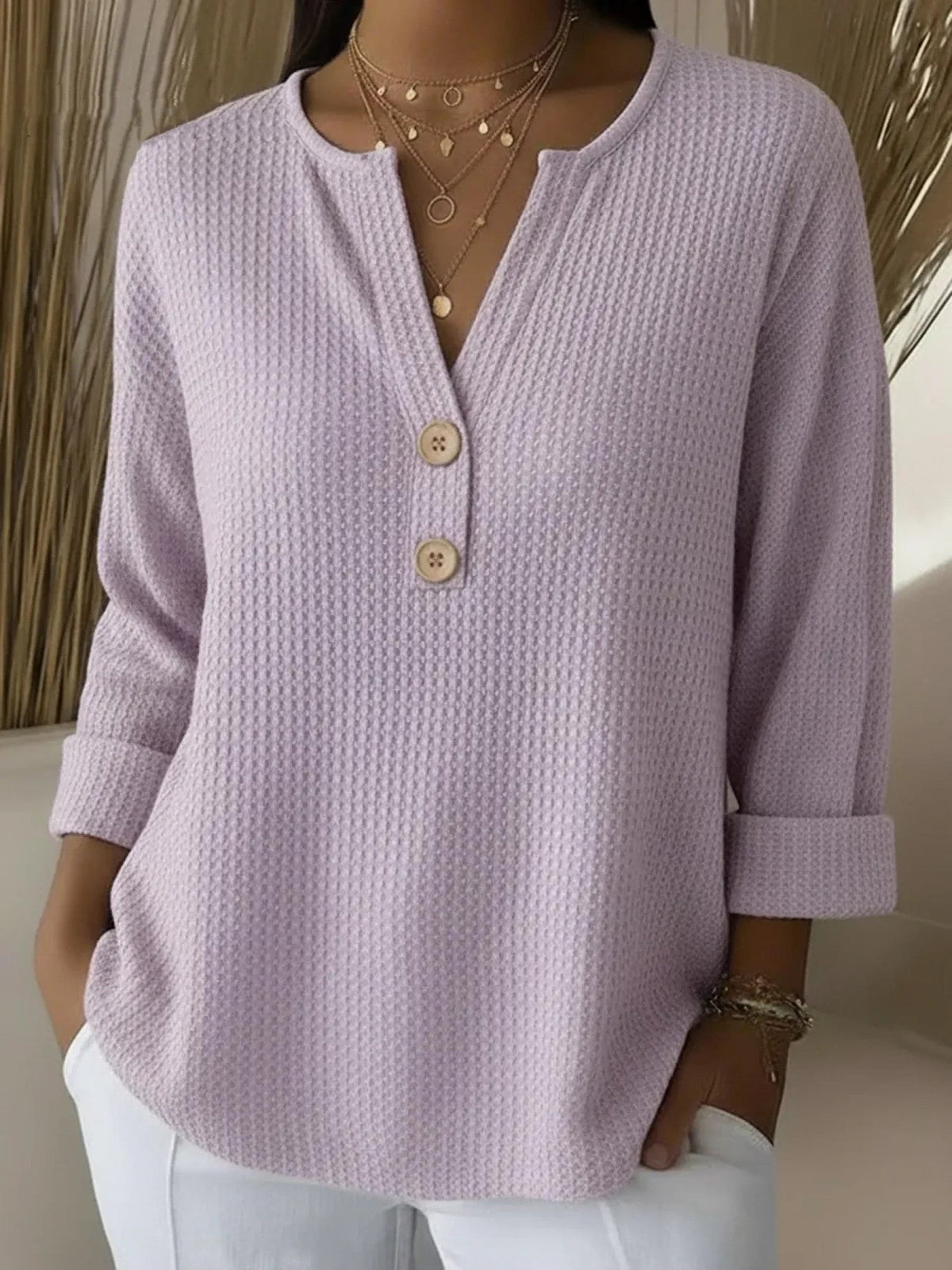 Lucía | T-shirt Henley con texture a nido d'ape e bottoni