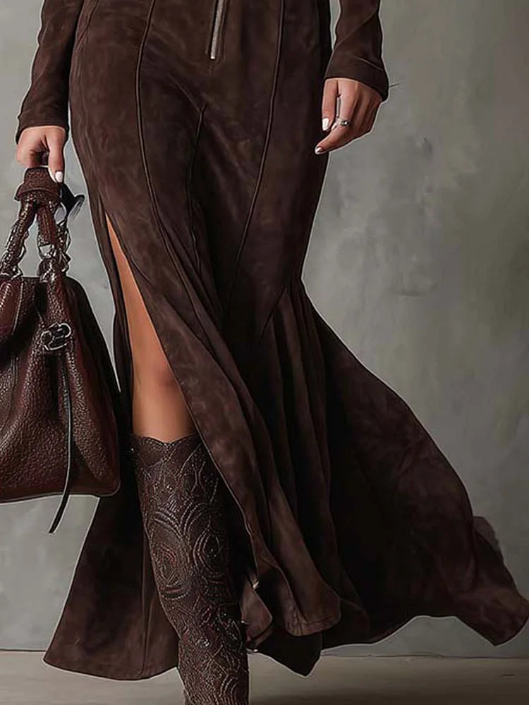 Cris | Abito lungo vintage marrone con cerniera e cintura (cintura inclusa)