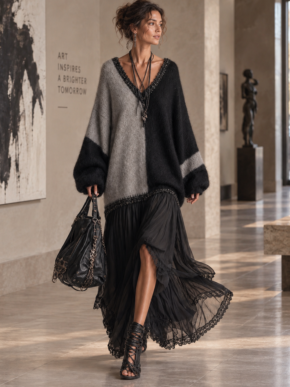 Capucine | Abito lungo oversize in maglia, effetto patchwork in mousseline nera e grigia