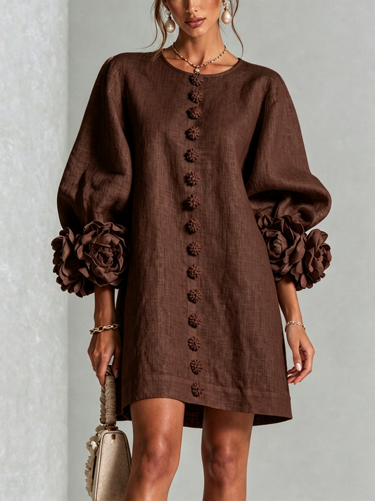 Bruna | Miniabito in misto lino con polsini rosa e marrone cioccolato
