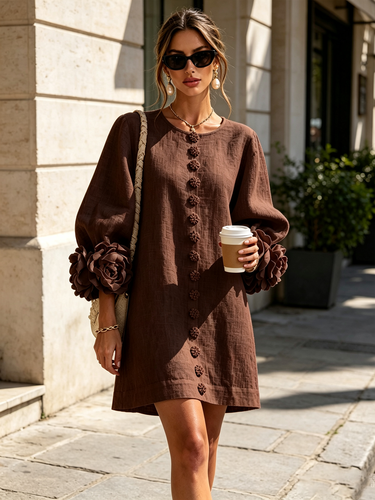 Bruna | Miniabito in misto lino con polsini rosa e marrone cioccolato