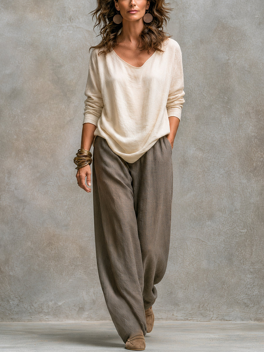 Francesca | Completo casual a tre pezzi beige-grigio, elegante, dalla vestibilità ampia e a strati