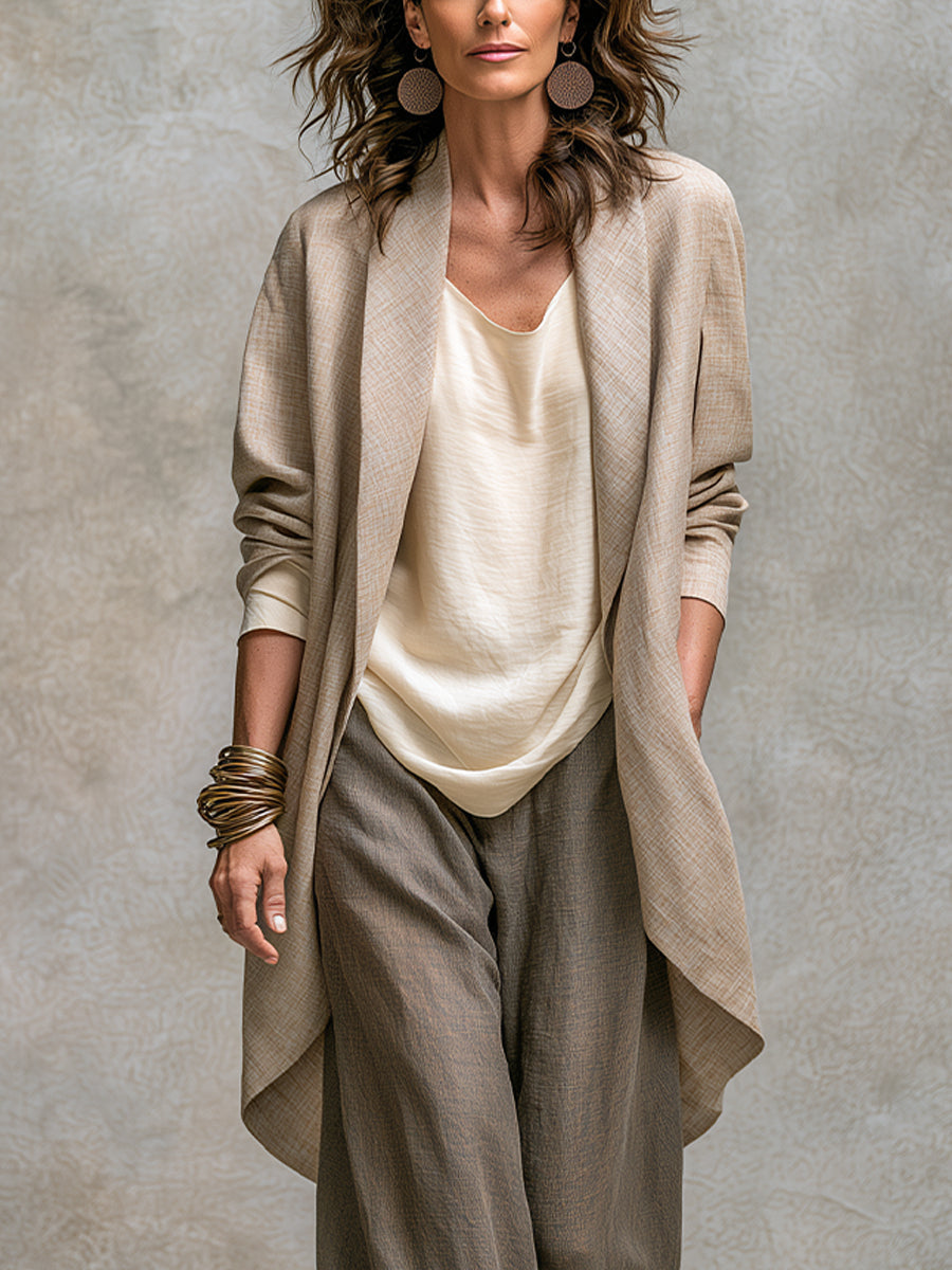 Francesca | Completo casual a tre pezzi beige-grigio, elegante, dalla vestibilità ampia e a strati