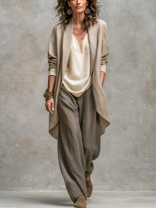 Francesca | Completo casual a tre pezzi beige-grigio, elegante, dalla vestibilità ampia e a strati
