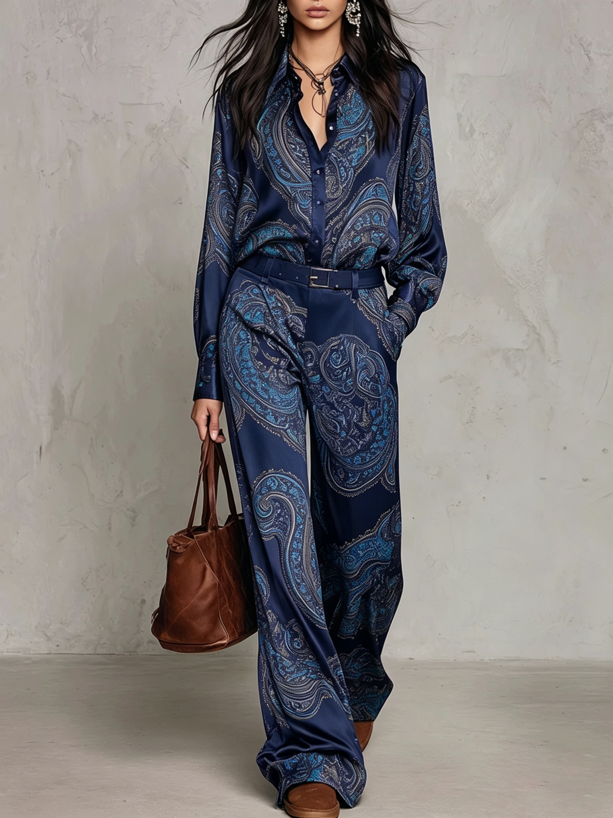 Rosalie | Completo composto da una camicia a maniche lunghe in raso con stampa paisley bordeaux-viola e pantaloni a gamba larga (con cintura)