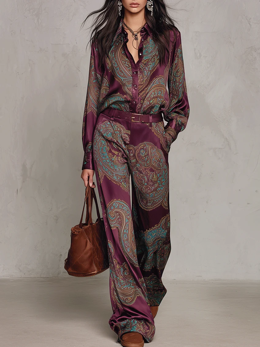 Rosalie | Completo composto da una camicia a maniche lunghe in raso con stampa paisley bordeaux-viola e pantaloni a gamba larga (con cintura)