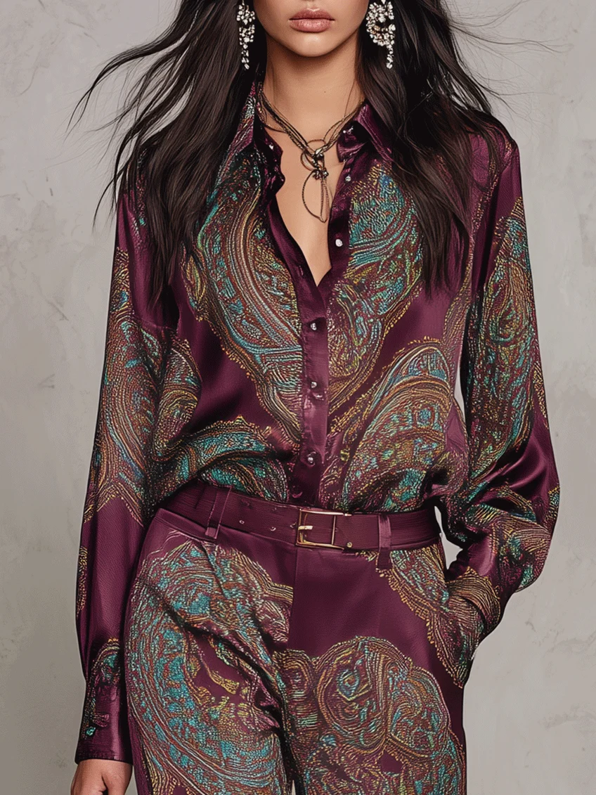 Rosalie | Completo composto da una camicia a maniche lunghe in raso con stampa paisley bordeaux-viola e pantaloni a gamba larga (con cintura)