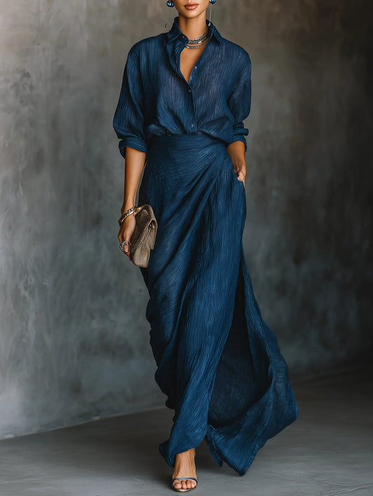 Aurore | Elegante completo composto da una camicia blu scuro in misto cotone e lino e una gonna lunga