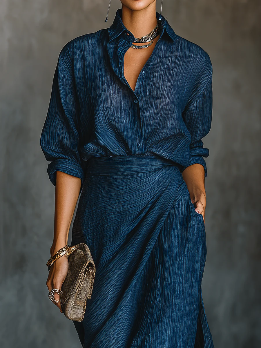 Aurore | Elegante completo composto da una camicia blu scuro in misto cotone e lino e una gonna lunga