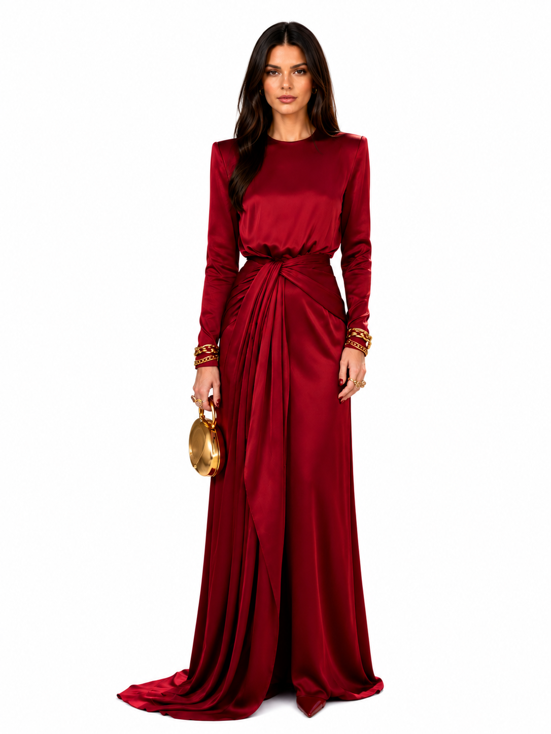Elegante abito maxi in raso drappeggiato