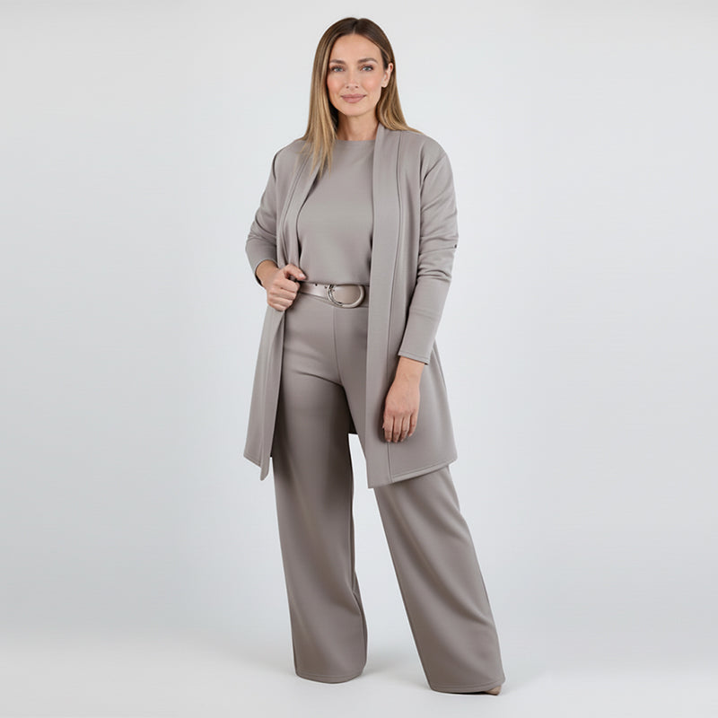 Iris | Elegante completo 3 pezzi composto da un cardigan lungo, un top e un paio di pantaloni