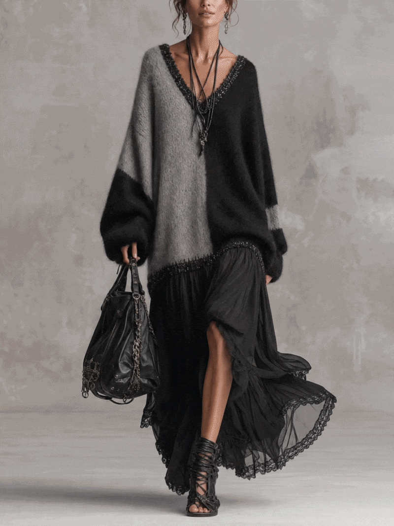 Capucine | Abito lungo oversize in maglia, effetto patchwork in mousseline nera e grigia