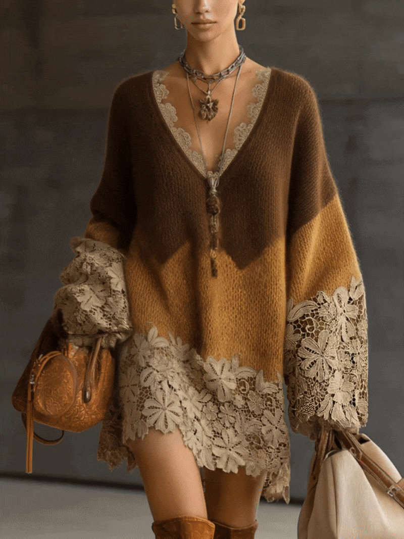 Lotus | Mini abito oversize a maniche lunghe in maglia di pizzo, effetto ombré marrone