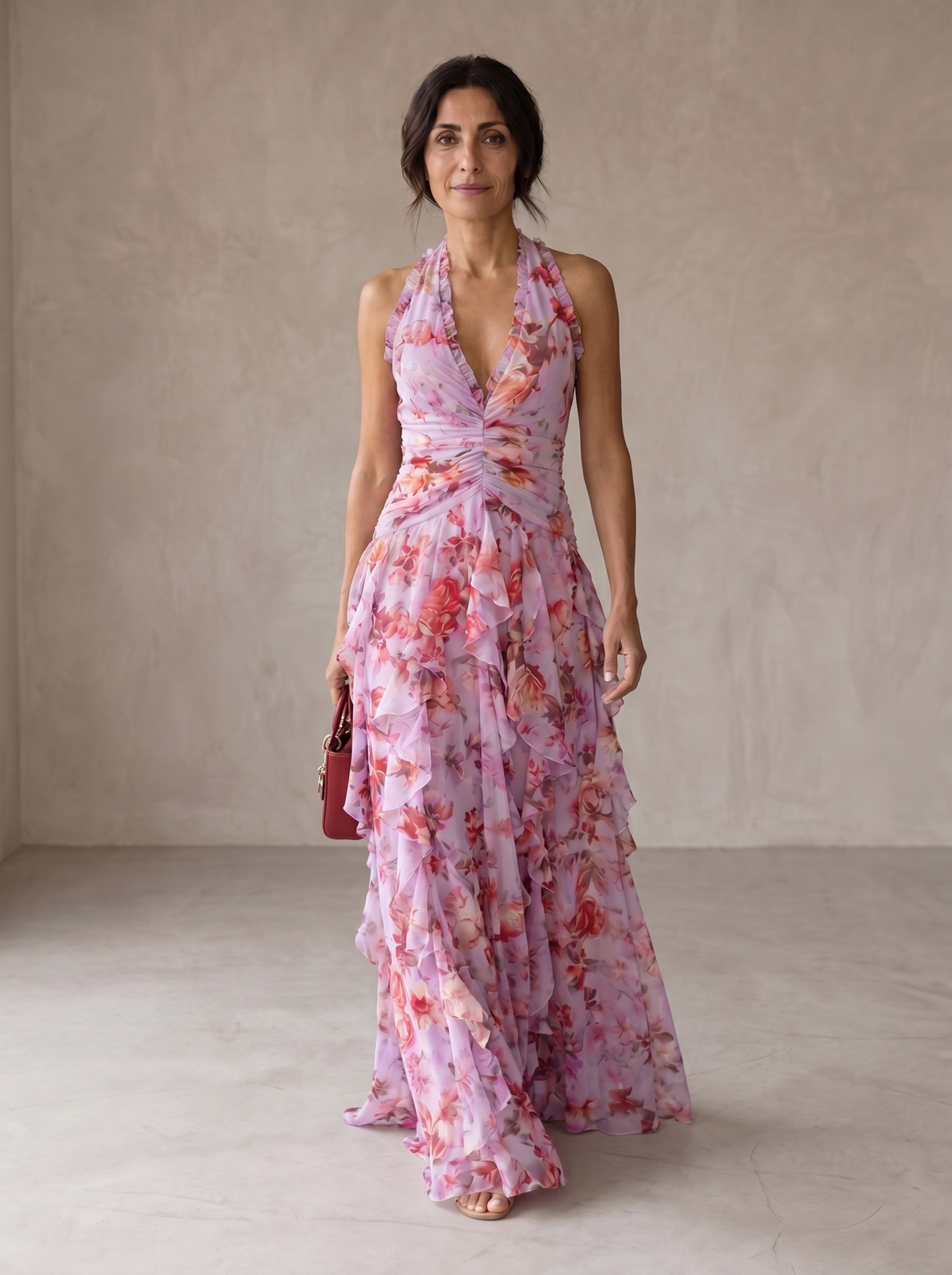 Belladina | Romantica cascata di rose, abito lungo con scollo all’americana