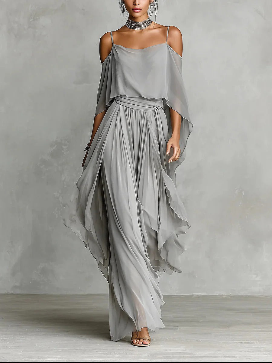 Renata | Completo fluido grigio con top con spalline e pantaloni leggeri