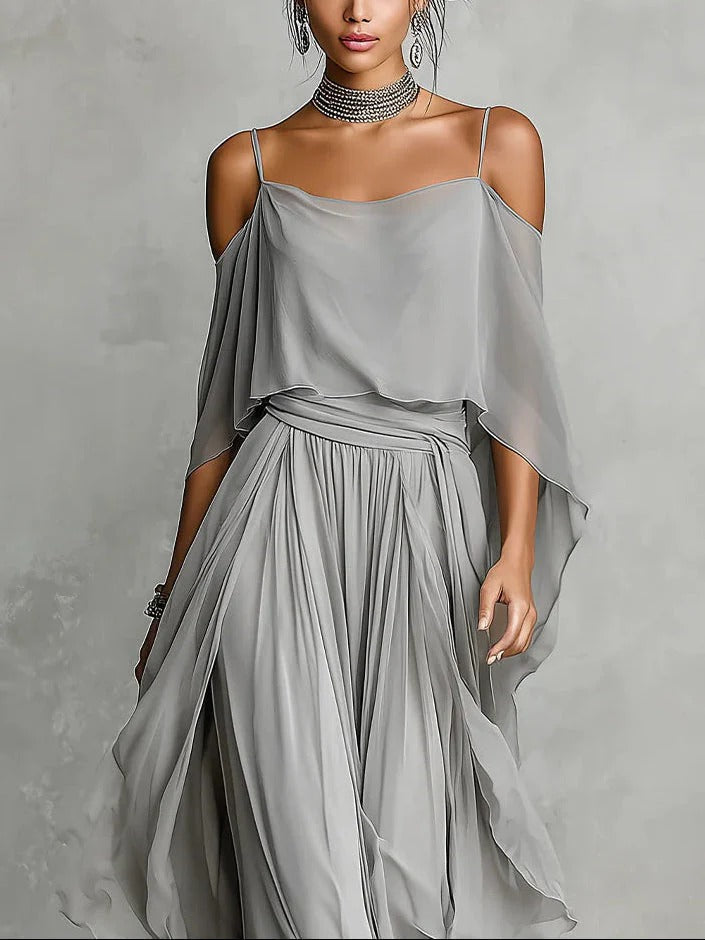 Renata | Completo fluido grigio con top con spalline e pantaloni leggeri