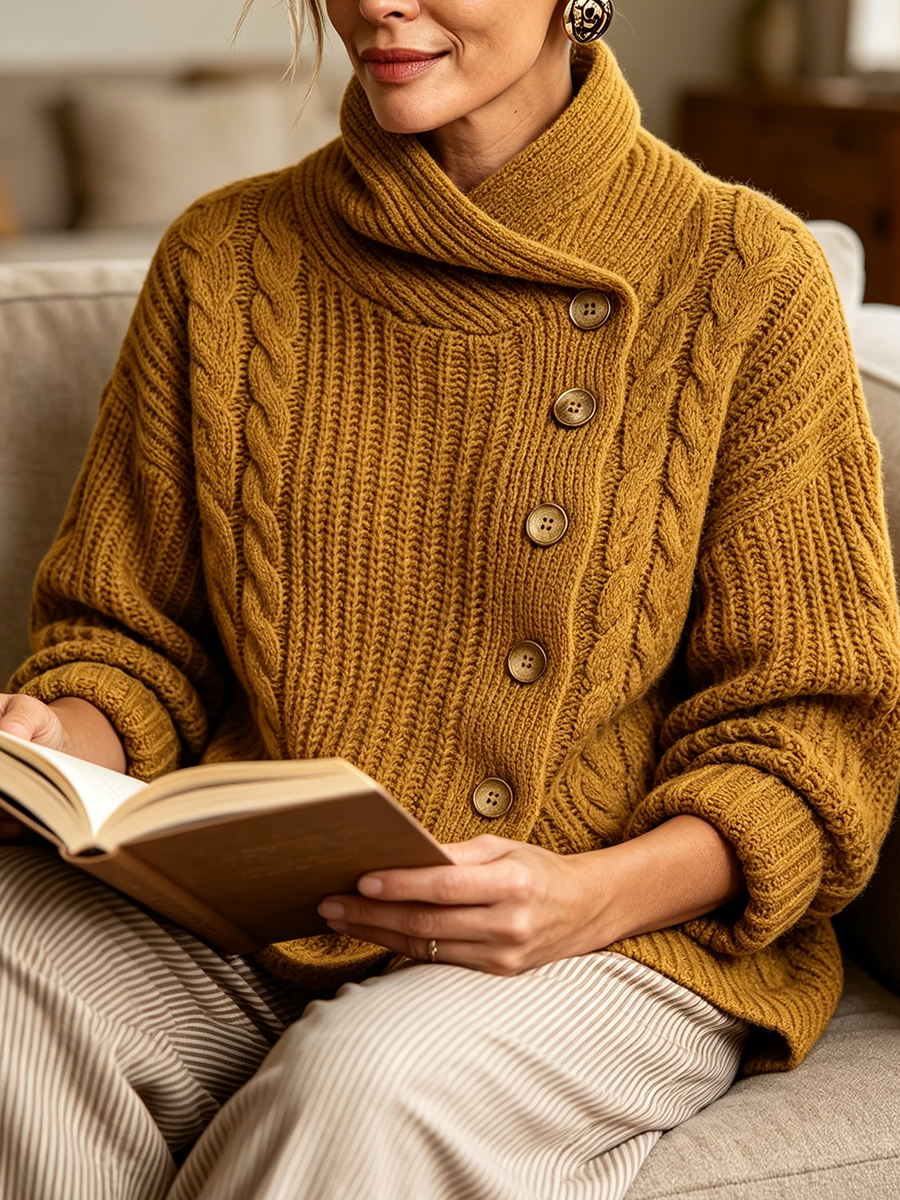 Tullia | Cardigan in maglia intrecciata con chiusura asimmetrica, color senape