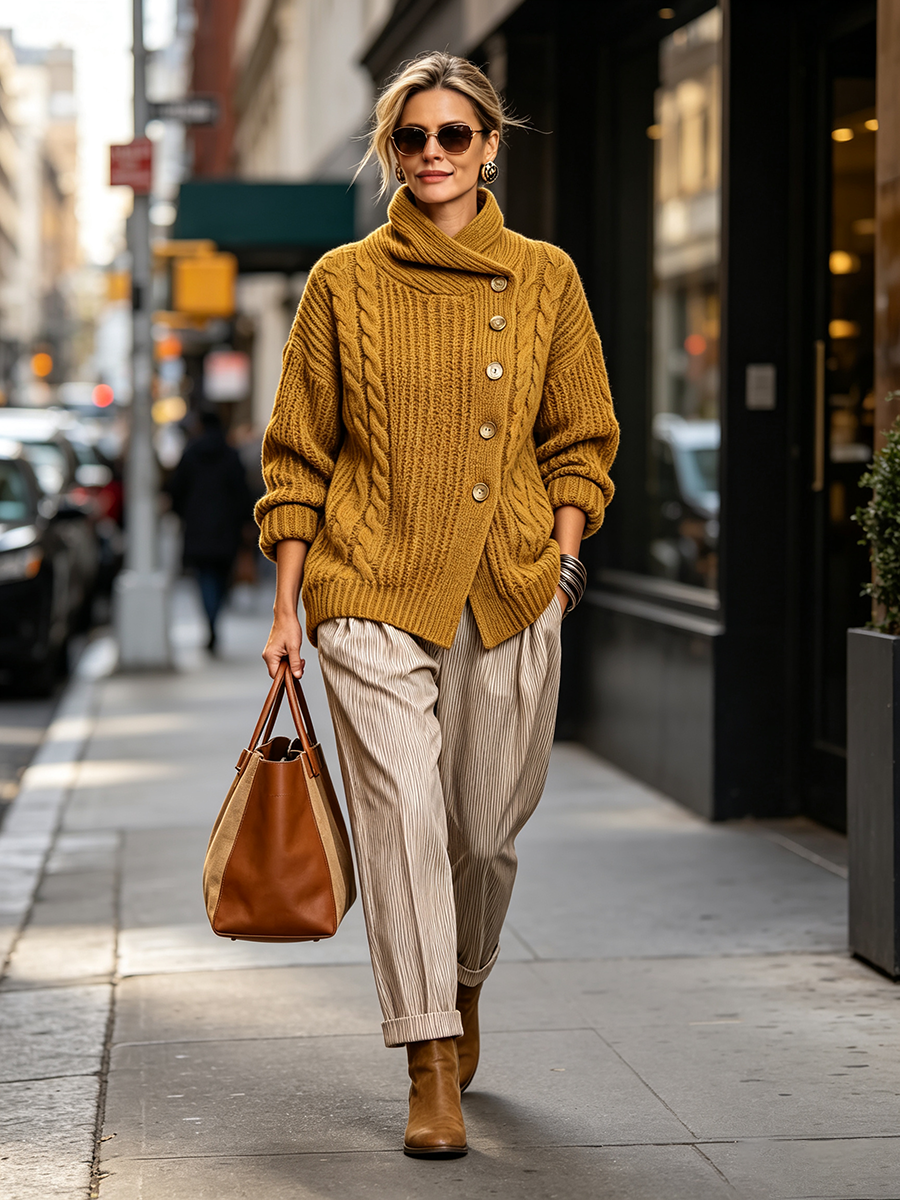 Tullia | Cardigan in maglia intrecciata con chiusura asimmetrica, color senape