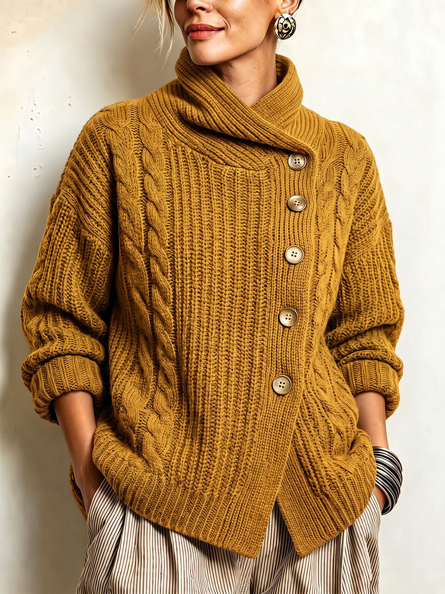 Tullia | Cardigan in maglia intrecciata con chiusura asimmetrica, color senape
