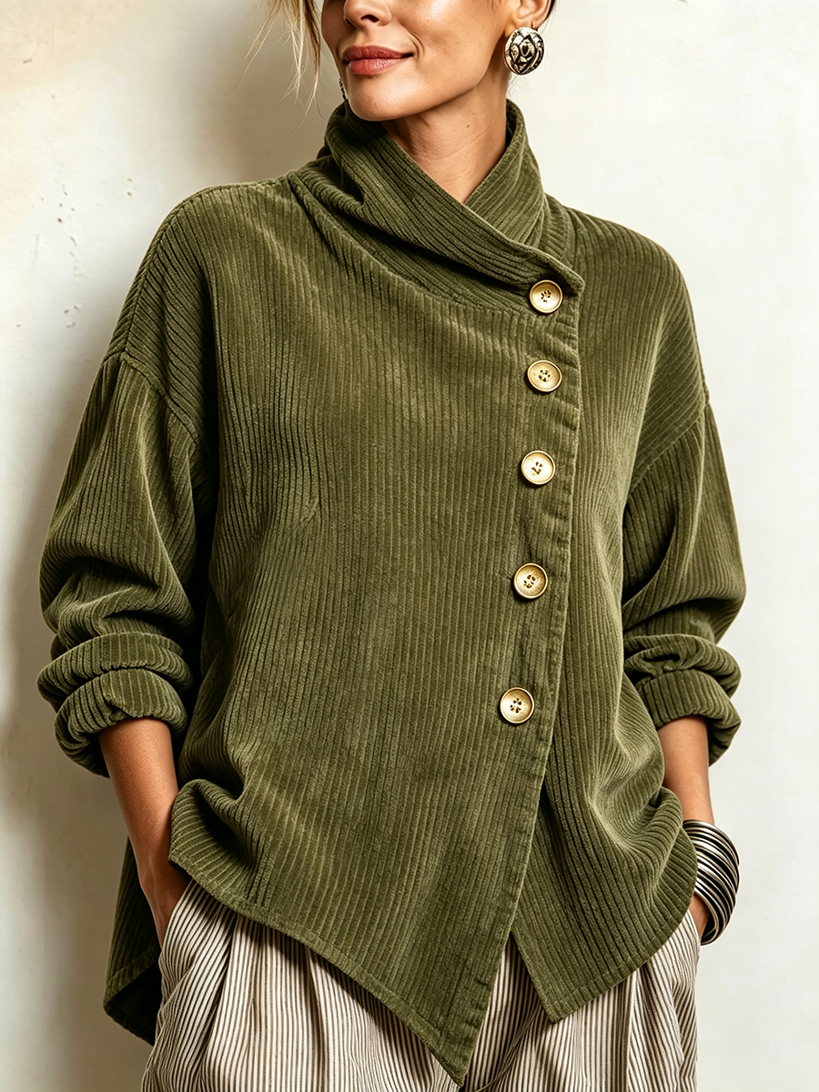 Lucilla | Top in velluto con volant e abbottonatura diagonale, verde oliva