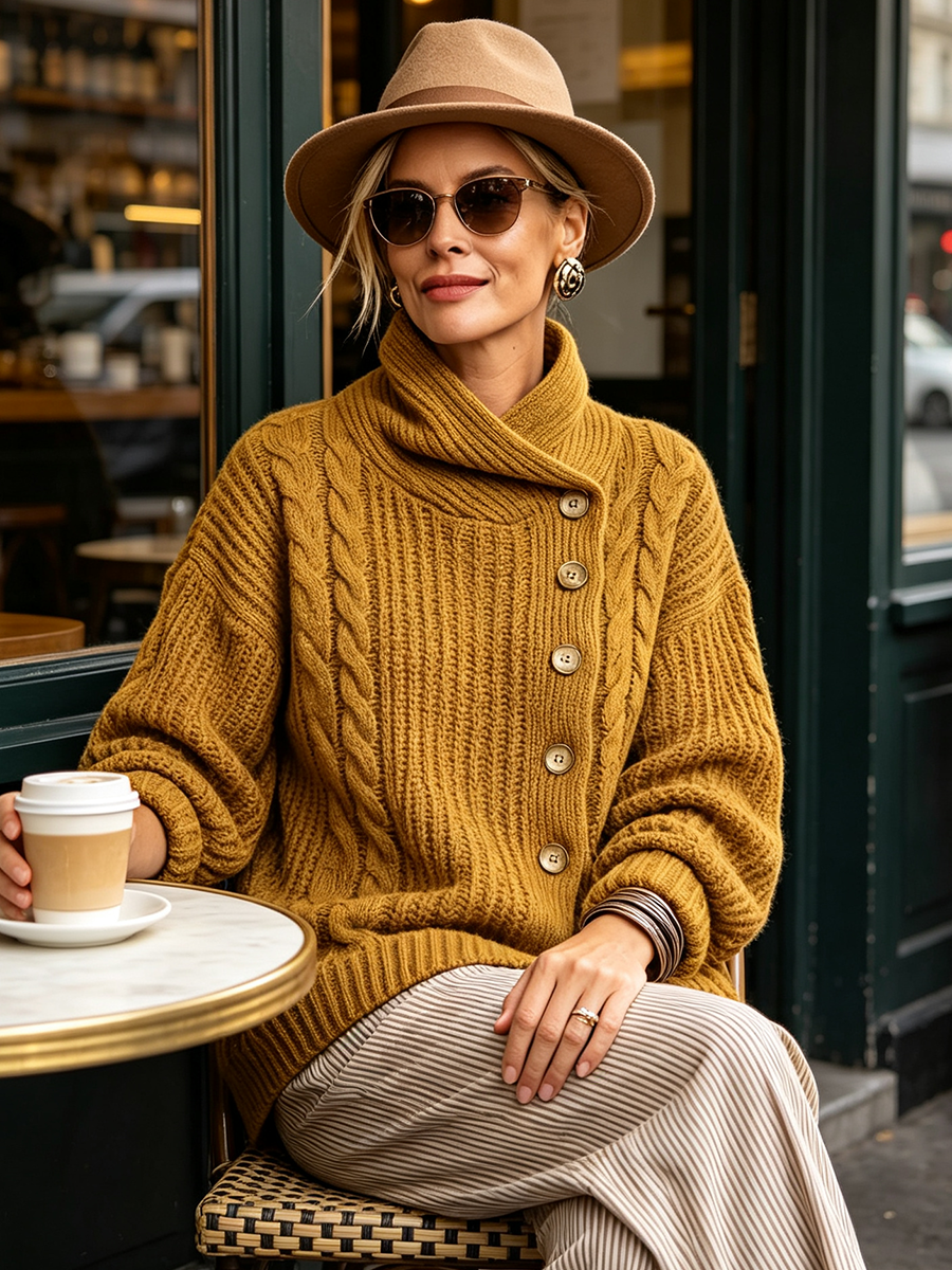 Tullia | Cardigan in maglia intrecciata con chiusura asimmetrica, color senape